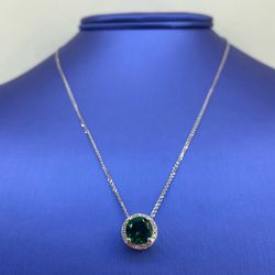 14Kt White Gold Lab 16/18” Emerald Diamond Necklace 3.20g I-2443