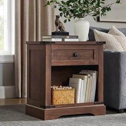 New 24" Farmhouse End/Side Table with Charging Station 1 Drawer Open Cabinet Rustic Wood, Dark Brown