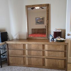 Vintage 6 Drawer Dresser With Vanity Mirror Solid Wood Oak 