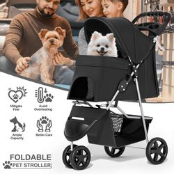 3 Wheel Folding Pet Dog Stroller, Foldable Lightweight Trolley with Storage Basket, Cup Holder