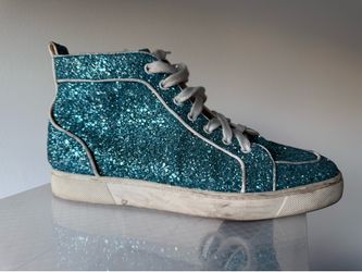 Size 8.5 Christian Louboutin Blue Glitter High-Top Lace-Up Men's Sneakers