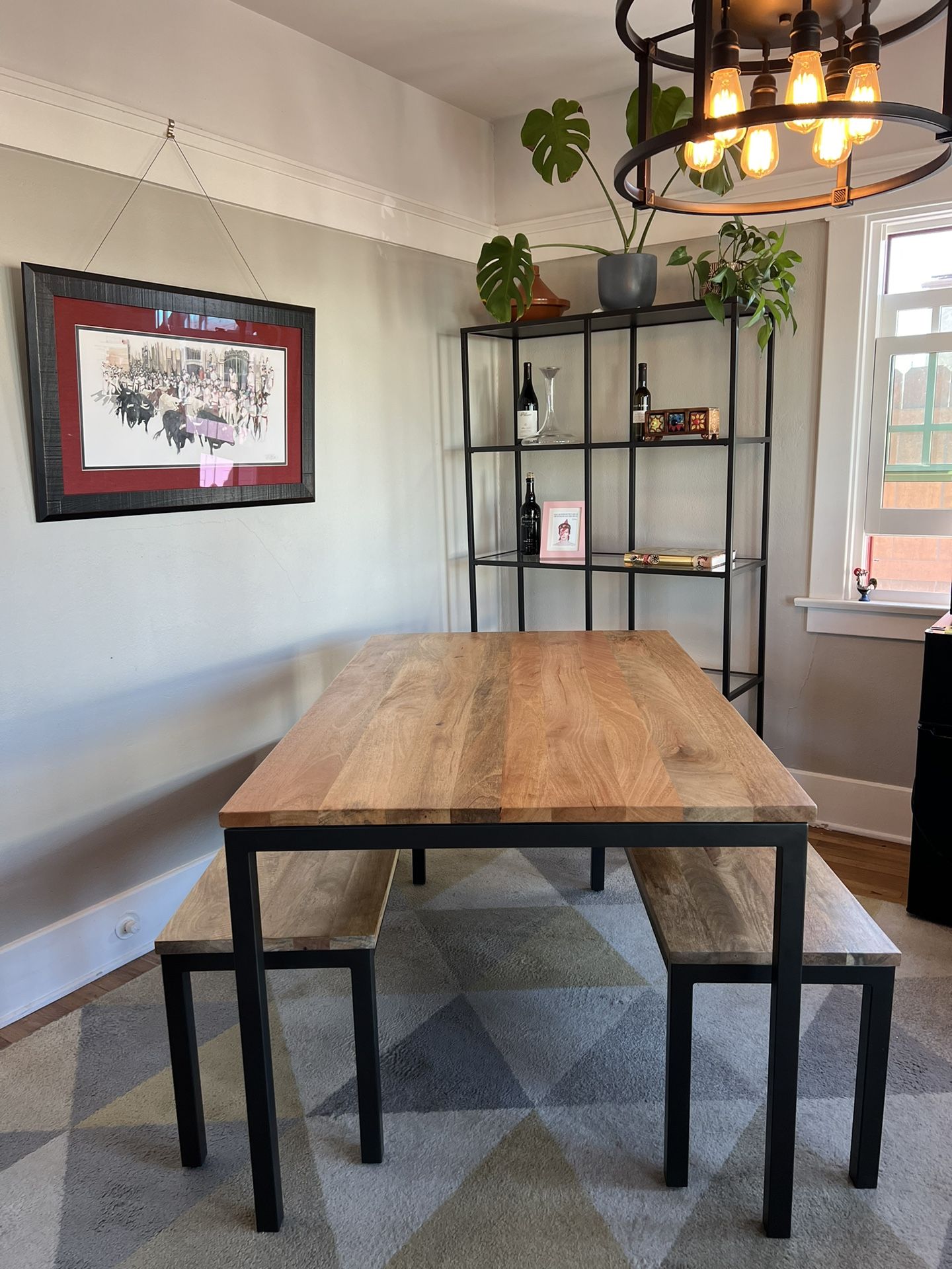 West Elm Dining Table And Benches - Industrial Collection Box Table With Natural Mango Wood