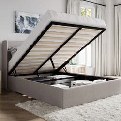 Full Size Lift Up Storage Bed/Modern Wingback Headboard/Upholstered Platform Bed Frame/Hydraulic Storage/No Box Spring Needed/Wood Slats Support/Light