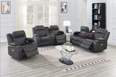Brand New Grey Super Plush Leather 3pc Power Reclining Sofa Set