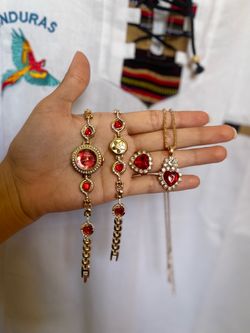 Women's Gold & Red Heart Jewelry Set with Watch