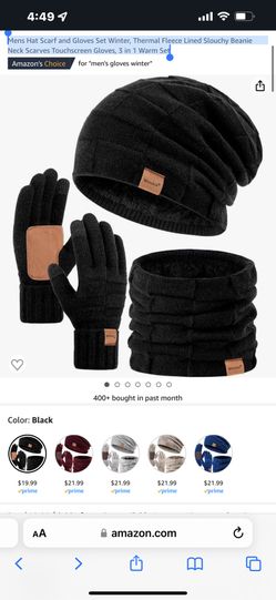 Mens Hat Scarf and Gloves Set Winter, Thermal Fleece Lined Slouchy Beanie Neck Scarves Touchscreen Gloves, 3 in 1 Warm Set