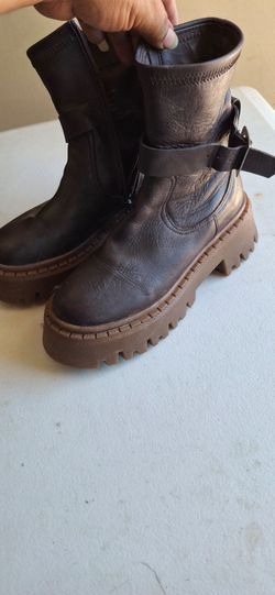 Dark Brown Leather Moto Boots with Buckle Strap
