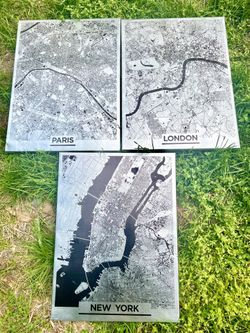 Set of 3 Metal City Map Prints – Paris, London, New York