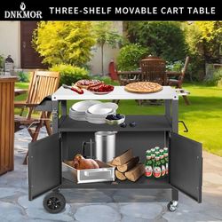 Dining Cart Table with Big Storage Cabinet,Movable Table Outdoor Kitchen Outdoor BBQ Table equipped this kitchen island as a food prep for indoor use,