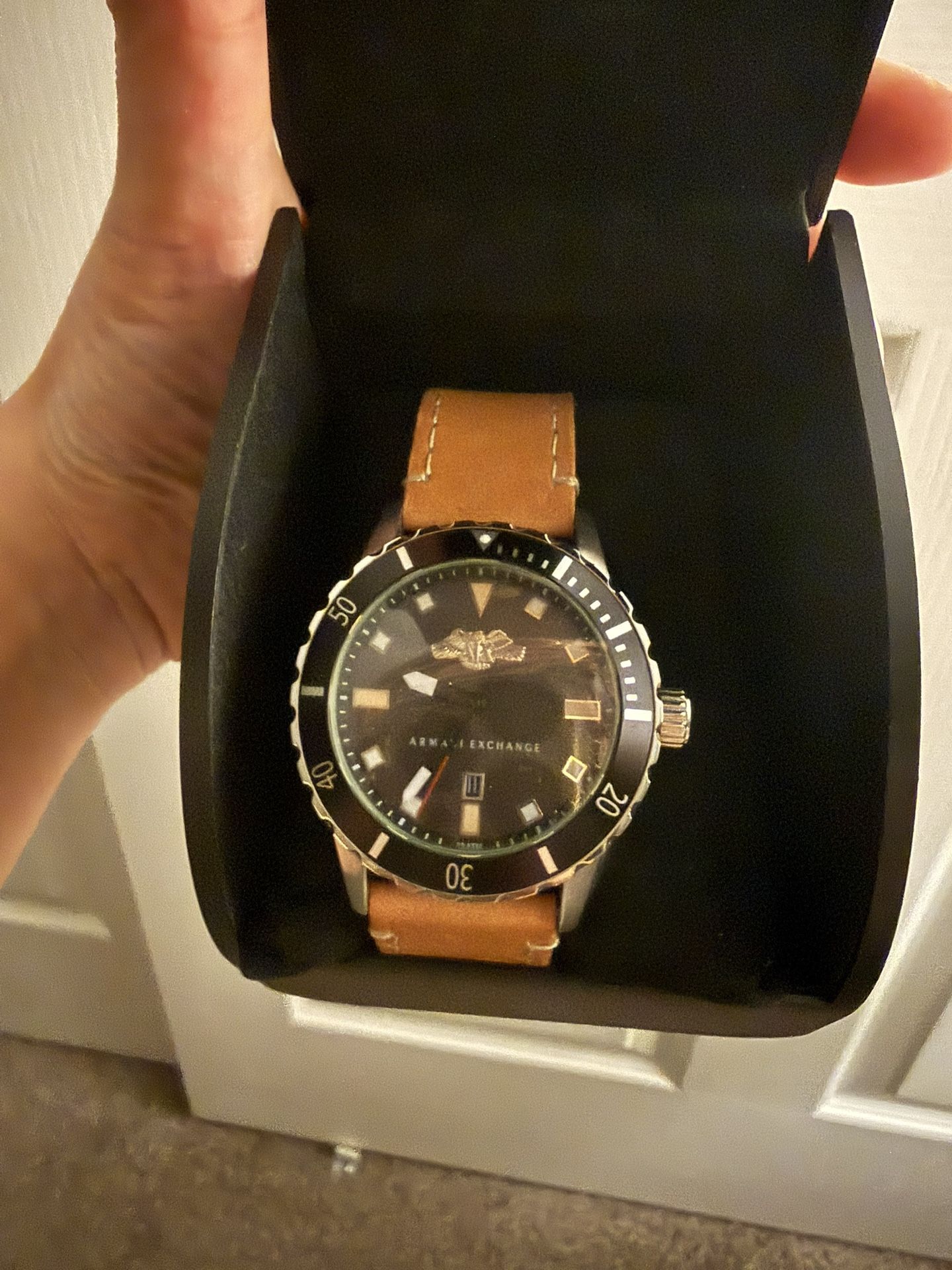 Armani Exchange Men's Black Dial Tan Leather strap Watch AX1707