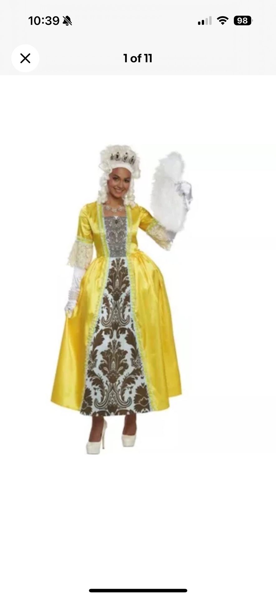 Women’s Halloween costume dress Royal Court Presentation, Regency Romance Queen Large X-large (10-12)  Adults dress, yellow/brown/blue, includes 1 pie