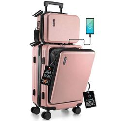 TRAVELARIM 2-Piece Pink Hard Carry-On Weekender Luggage Set Expandable Spinner Airline Approved Suitcase Exterior USB port