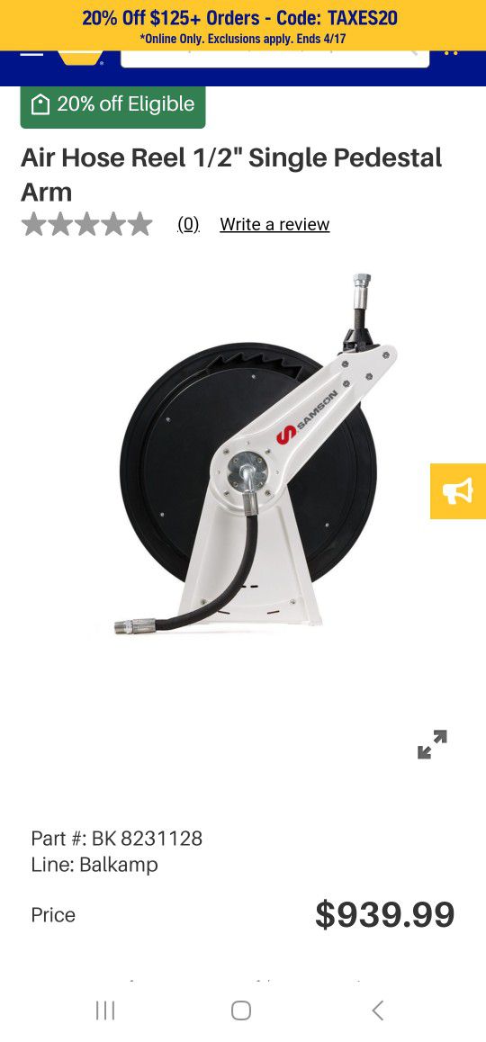 New Hose Reel With 50ft Of 1/2in Hose. For Air Tools And Fluids.