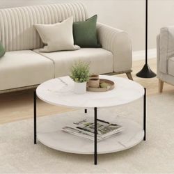 32.4 in. Light Marble/Black Round Wood Coffee Table with Metal Legs