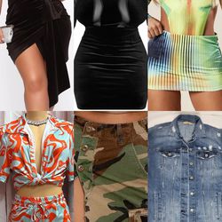 New Assorted Women's Clothing $25ea - Velvet Dresses, High Leg Bodysuit & Skirt, Camo Skirt, Satin Outfit, Jean Jacket