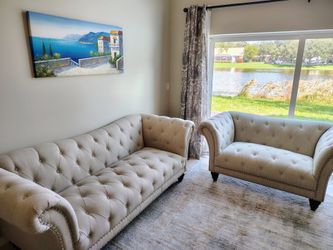 Like-New Tufted Sofa & Loveseat Set, Cream Linen, Nailhead Trim, $850