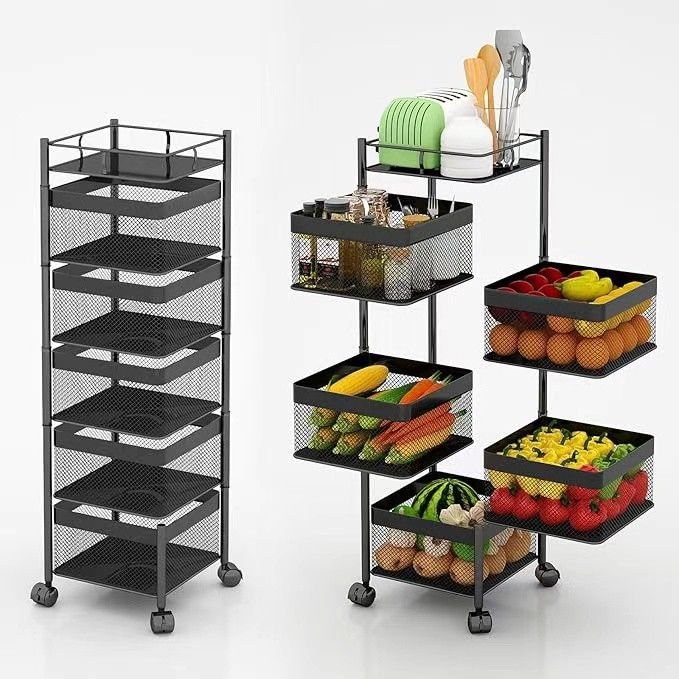 Fruit and Vegetable Basket for Kitchen No Assembly， Rotating Storage Rack,Bathroom Storage Shelf, Kitchen Organizers and Storage Cart on Rolling Wheel