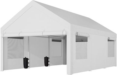 12x20 FT Heavy-Duty Design Carport,Carport Canopy with Side-Opening Removable Door & Roll-Up Window,Portable Car Port for Car, Truck, Boat,White