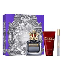 Scandal Pour Homme de Jean Paul Gaultier, un set de regalo para hombre que contiene una fragancia, un gel de ducha y un spray de viaje. 