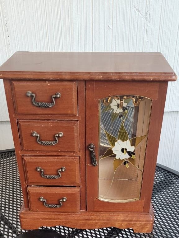 Vintage Wooden Jewelry Box Armoire Drawers Floral Glass Door 10” Tall Heavy