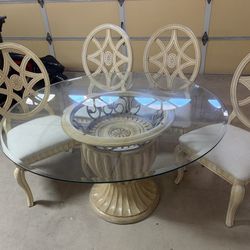54" Round Solid Wood With Glass Top Dining Table And Chairs 