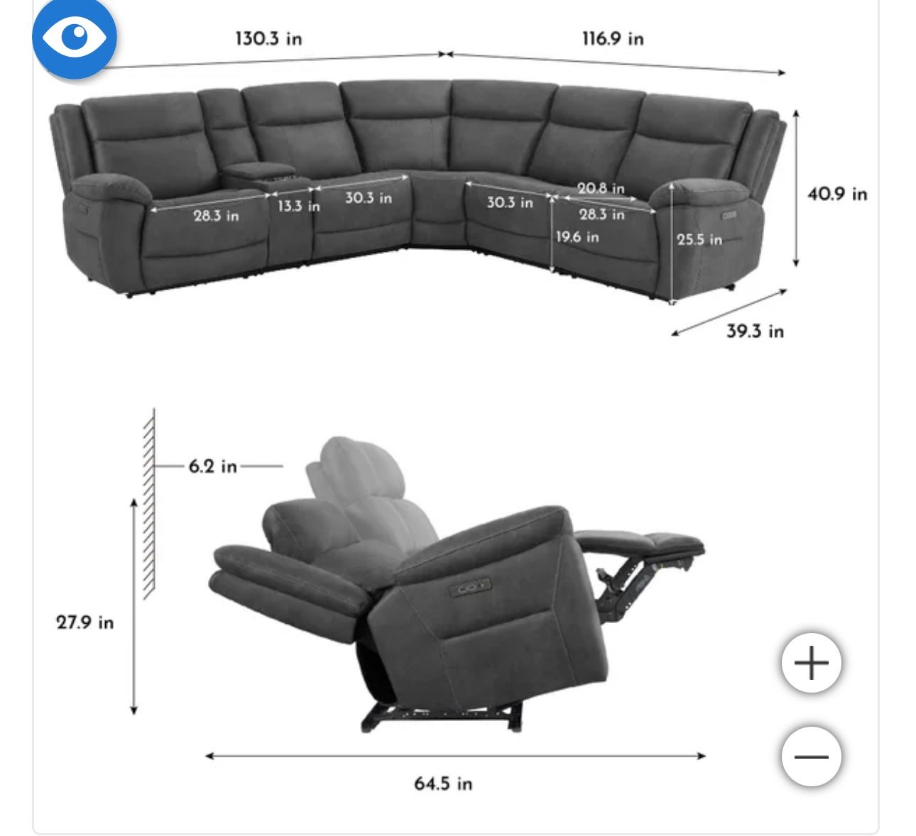 Fabric Sectional Couch, Power Foot And Head Rest, Costco Zachary, New