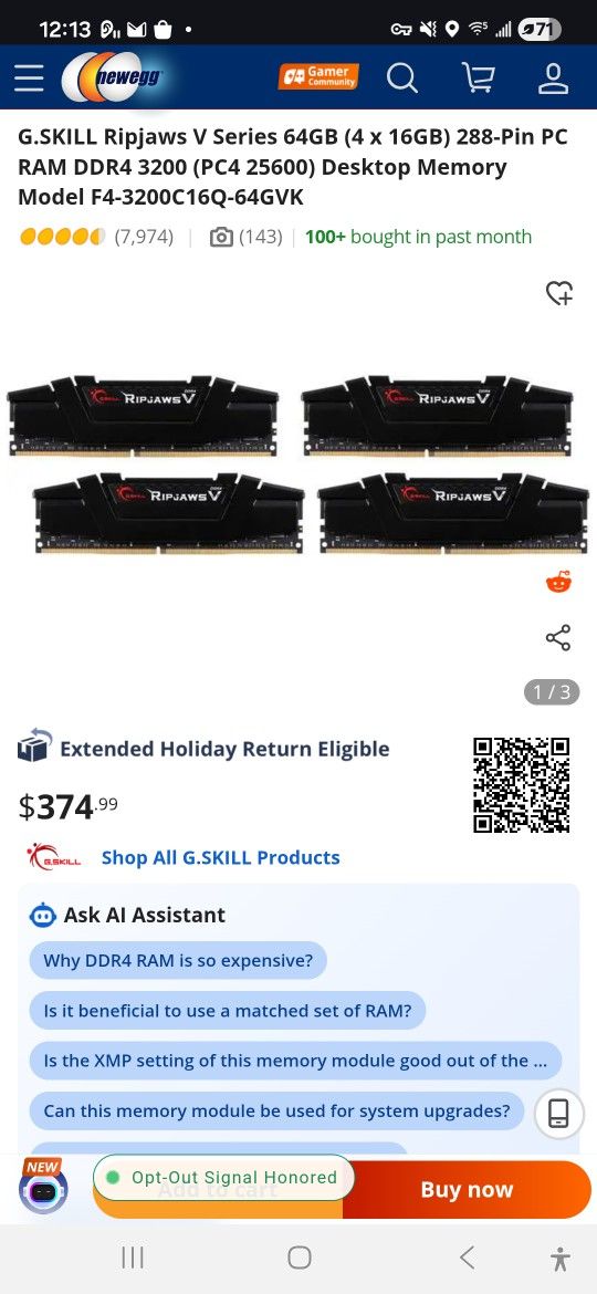 GSkill 64GB 4x16GB matched set DDR4 3200mhz RAM