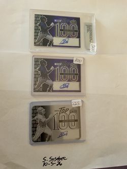 2023 Leaf Metal Top 100 Jackson Chourio Rookie auto lot. Purple crystal 5/6, Black plate 1/1 & pre production proof crystal purple 1/1
