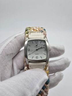 Caribbean Joe Women's Silver Tone Quartz Watch Multicolor Woven Cuff Band