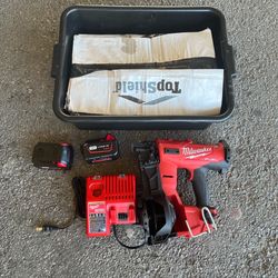 Milwaukee 2909-20 is the M18 FUEL 18V Cordless Brushless Coil Roofing Nailer, 2 Batteries, charger , a box nails 