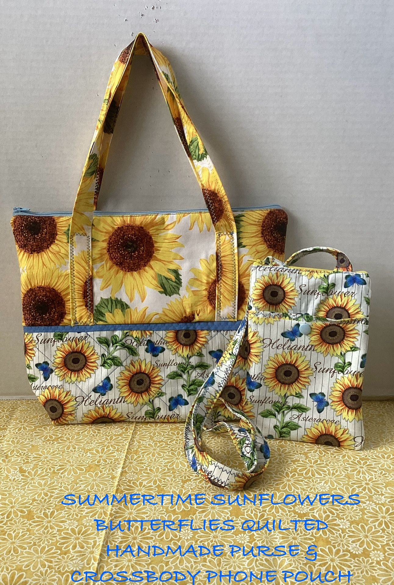 NEW SUMMERTIME SUNFLOWERS BUTTERFLIES QUILTED HANDMADE PURSE & CROSSBODY PHONE POUCH