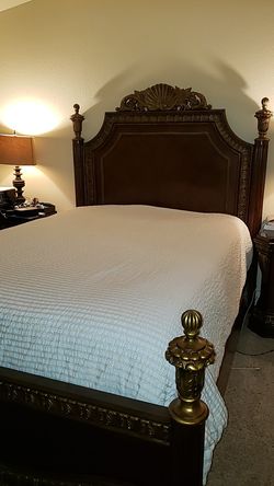 Pulaski queen bed with beautiful gold carved wood