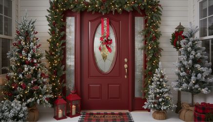 Festive red holiday door swag double bow for front door.