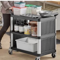 Service Cart with Open Front Black Plastic, Commercial Utility Cart with Wheels, 300-Pound Capacity, 3 Shelf Cart for Kitchen/Restaurant/Cafeteria/Sch