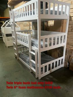 Triple twin bunk bed. Available in white & espresso. Assembly required.  Assembly not included.  Tax included.  Free local delivery. -$450. Twin mattr
