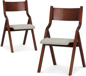 Padded Folding Chairs Set of 2, Portable and Durable Wooden Foldable Chairs for Indoor, Outdoor, Patio, Kitchen, Dining Room, Beige Seat