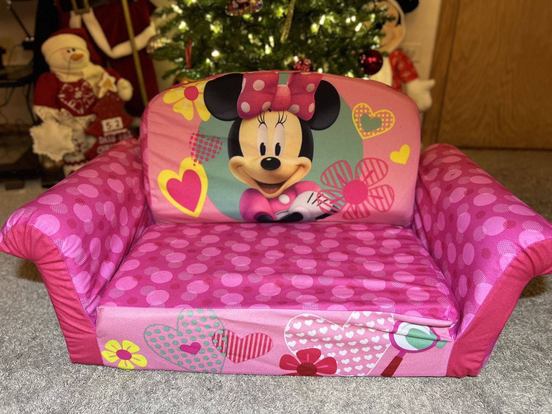 Marshmallow Furniture 2-in-1 Kids Flip Open Sofa featuring a Minnie Mouse theme