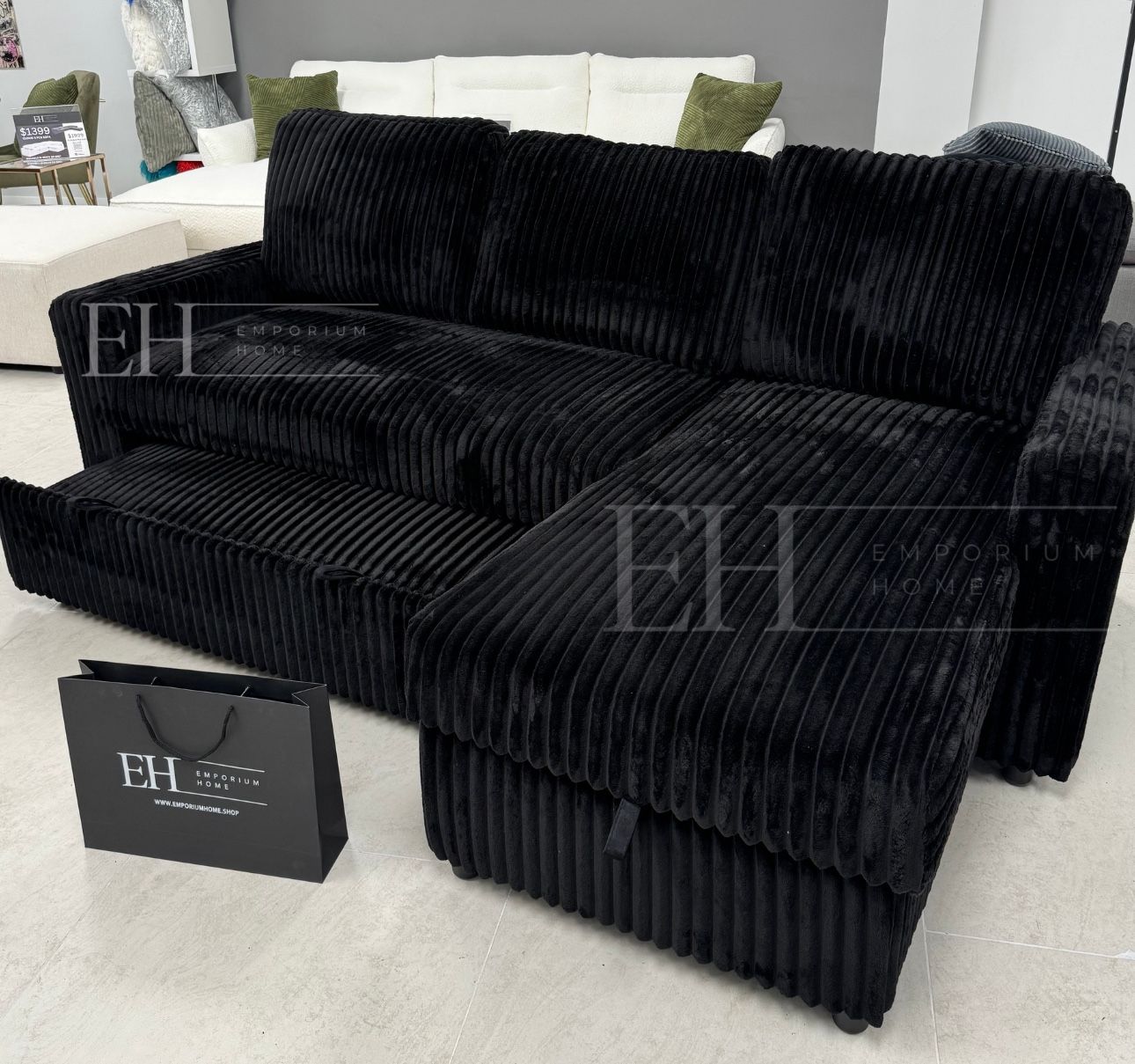 Black Velvet Sofa Sleeper Sectional With Storage 