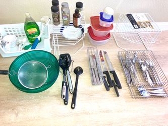 Moving sale Kitchen utensils forks knives racks items shelving supplies
