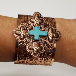 Southwest Tribal Copper Cuff Bracelet With Faux Turquoise Cross