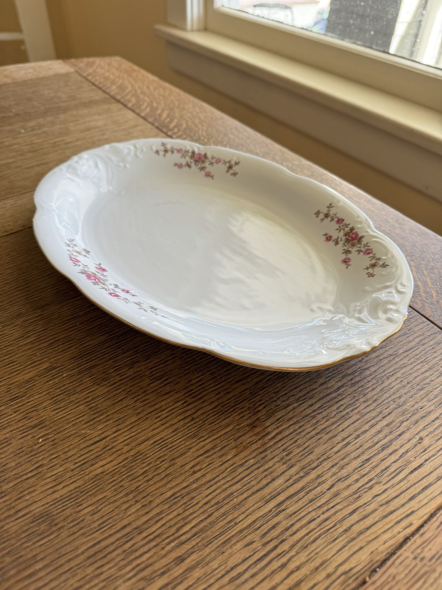 Vintage White China Serving Platter Tea Rose with Gold Rim 