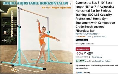 Gymnastics Bar, 5'10” Base length 45" to 71" Adjustable Horizontal Bar for Serious Training