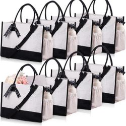 8 Pcs Burlap Tote Bag with Shoulder Strap Zipper Grocery Jute Bag Water Resistant Beach Tote Gift Bag for Women Mom Bridesmaid Wedding Gifts DIY Bag T