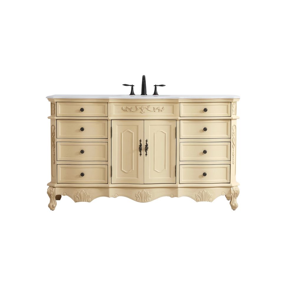 60 Inch Single Bathroom Vanity In Light Antique Beige With Ivory White Engineered Marble