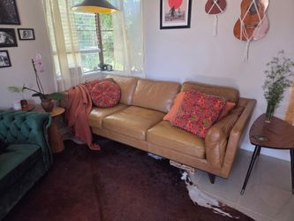 Mid Century Genuine Leather Brown Couch