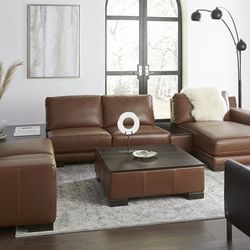 5 Piece Cognac Color Leather Sectional With Corner Table + Coffe Table 