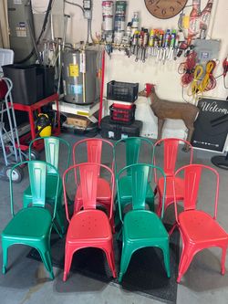 8 Red and Green Metal Stackable Chairs