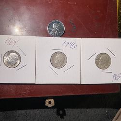 Three Silver Roosevelt, Dimes, And One Steel Penny 1943