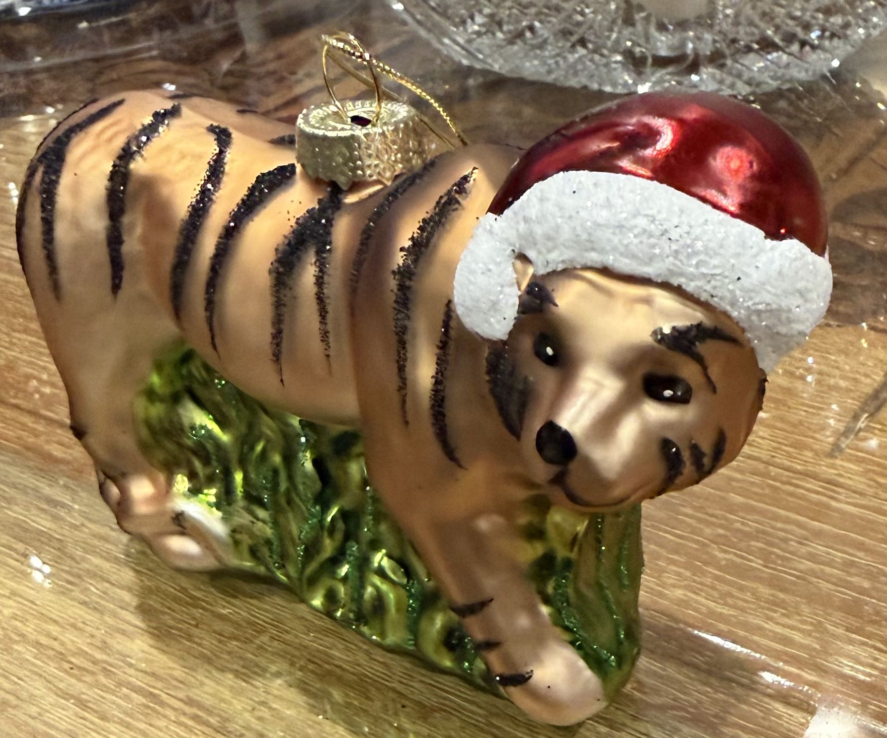 Festive Living Glass Ornament Tiger w/ Santa Hat Christmas Jungle New In Box