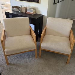Pair of Boucle and Rattan Accent Chairs